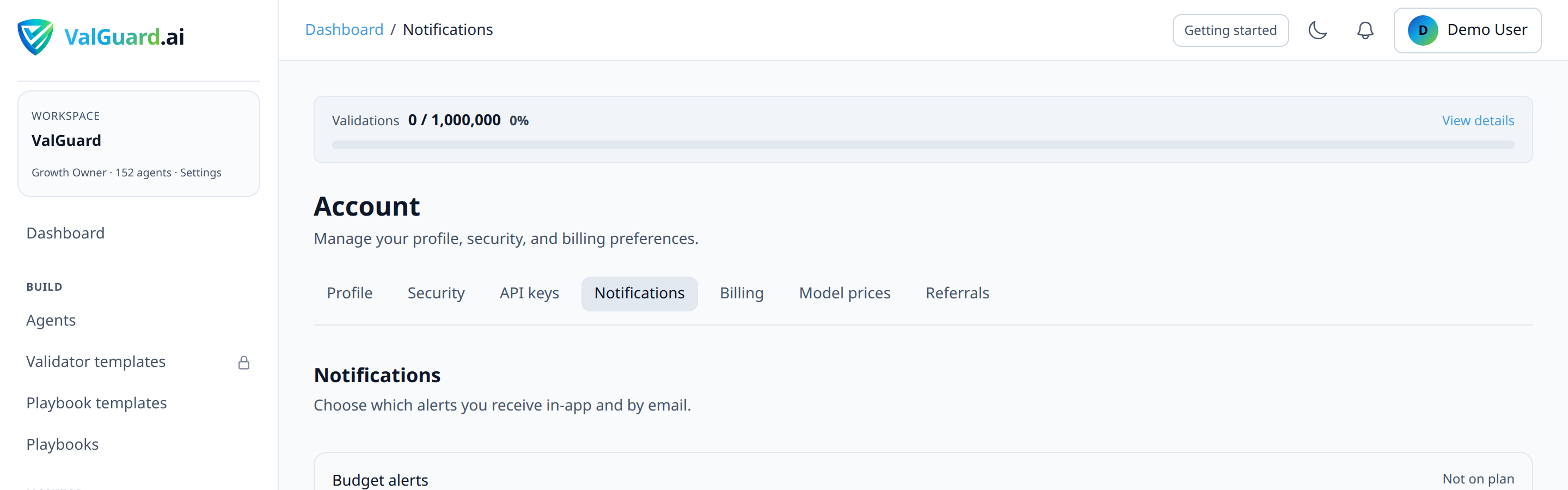 Notifications page with 'Budget alerts' toggle enabled and threshold settings visible