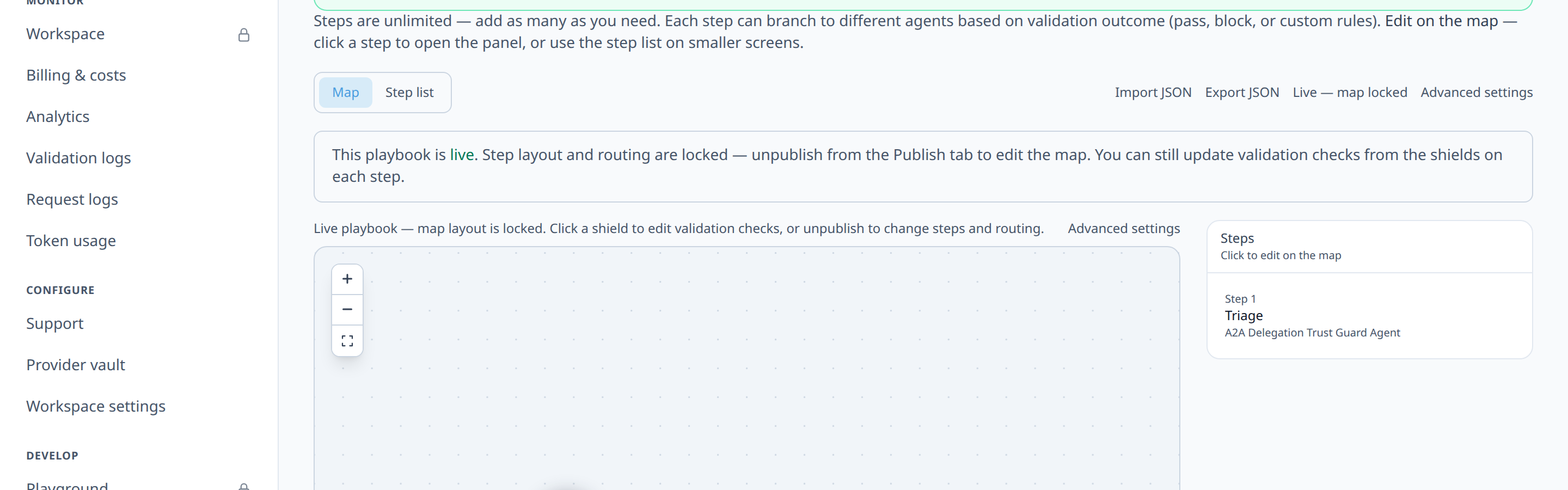 Step settings panel for 'respond' with 'Input mode' dropdown set to 'Replace with previous'