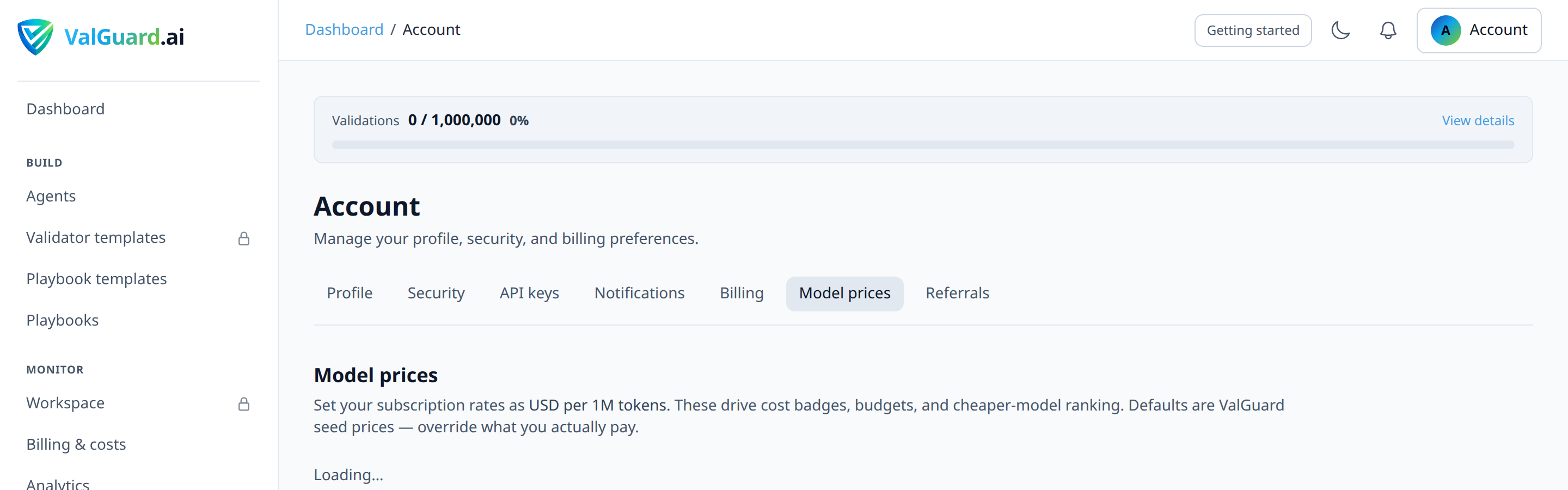 Billing & costs → Model prices with $/1M input and output fields