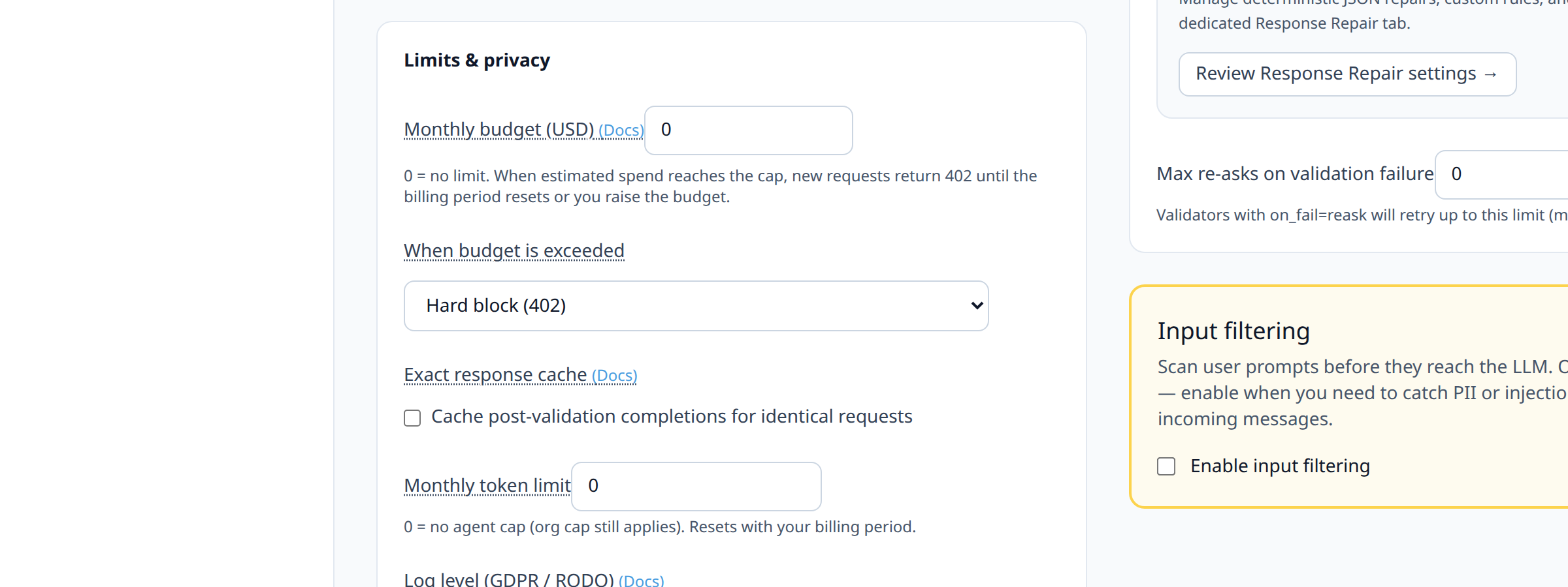 Agent Limits & privacy Exact response cache toggle