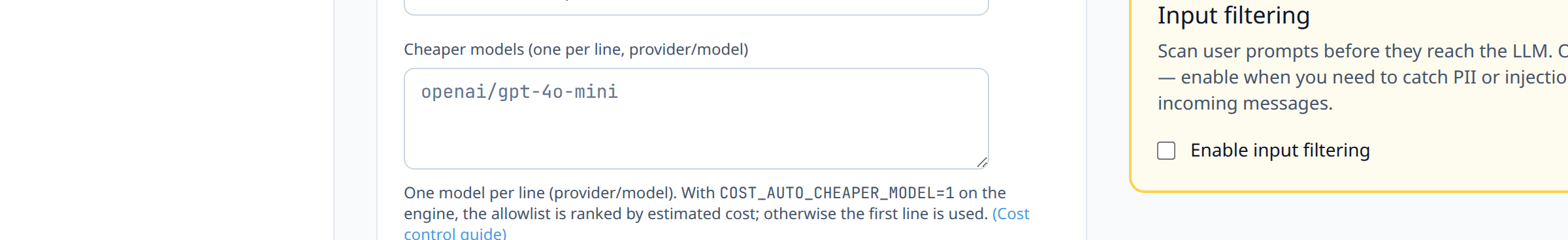 Agent settings cheaper models allowlist textarea