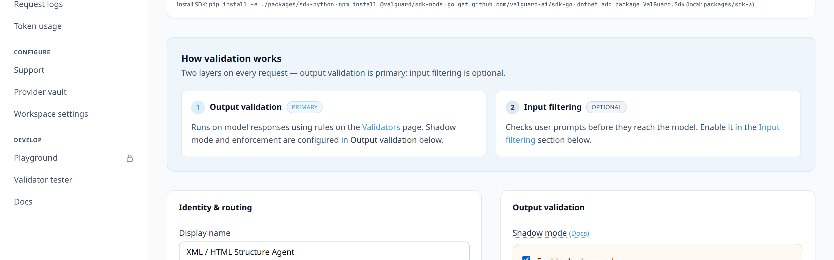 Agent Settings with 'Shadow mode' toggle On