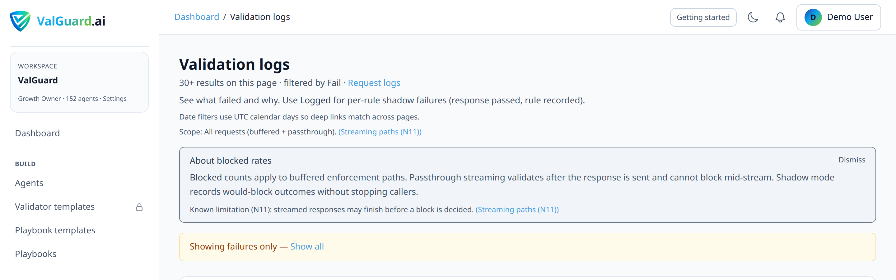 Validation logs filtered to the new agent, status=shadow
