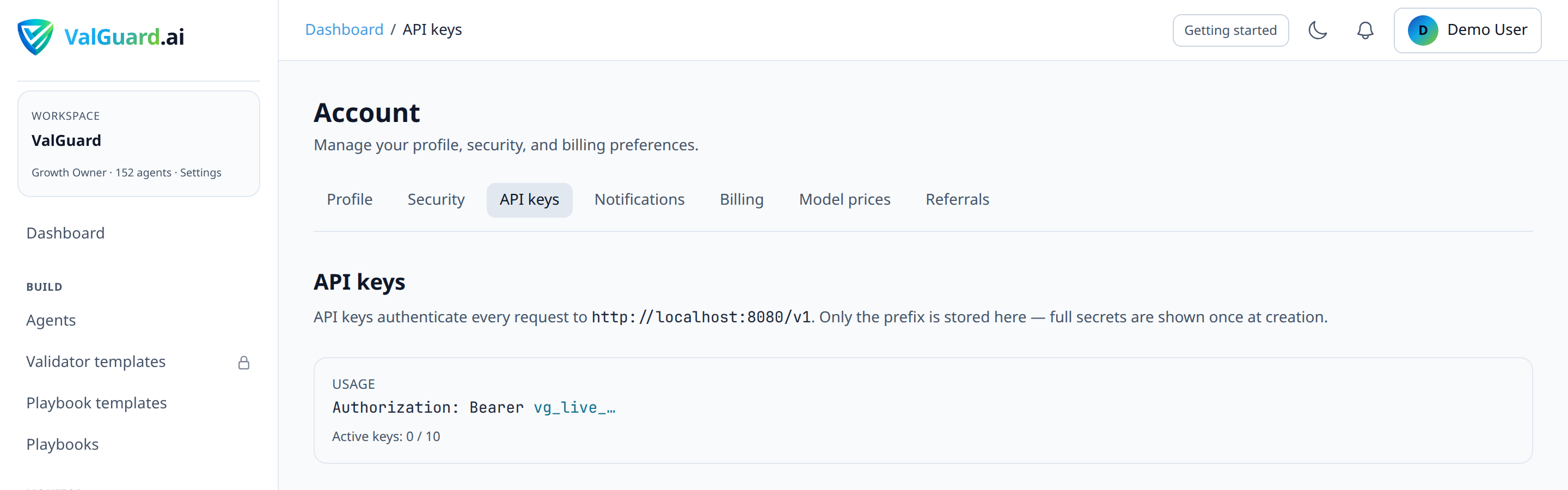 API keys page with 'Create key' dialog, name field showing 'prod-invoice-extraction'