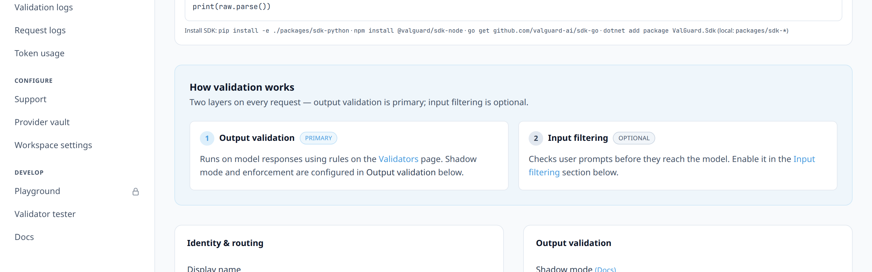 Agent Settings → Output validation with Enable shadow mode unchecked