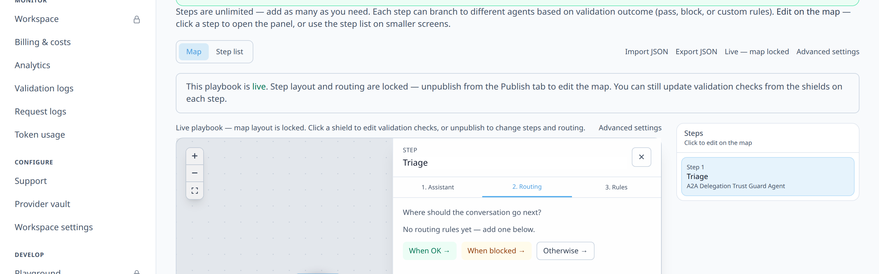 Route editor adding a new route from 'extract' to 'review_handoff' with condition_type 'on_validation_block'