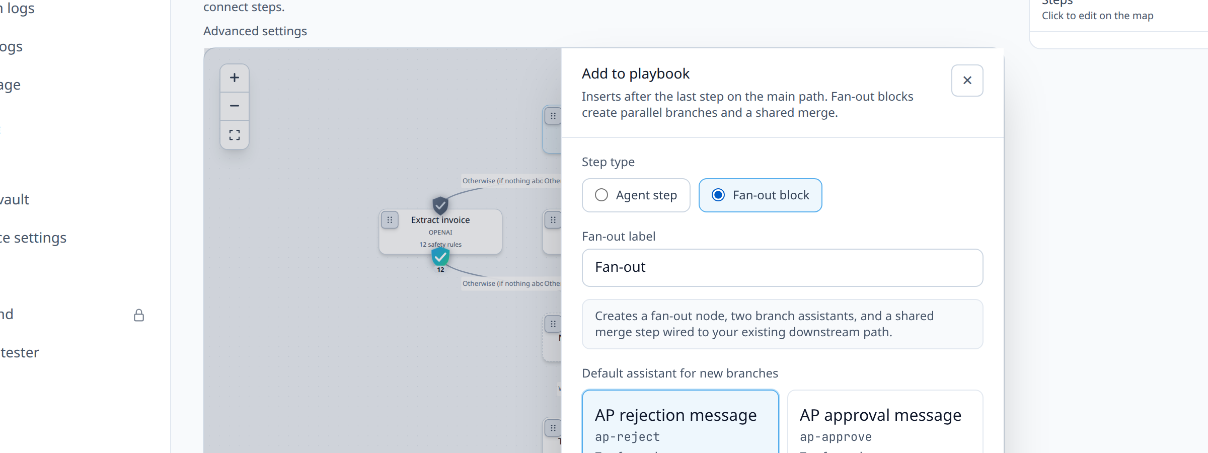 Playbook editor → Map view → node palette with 'Fan-out' node type highlighted