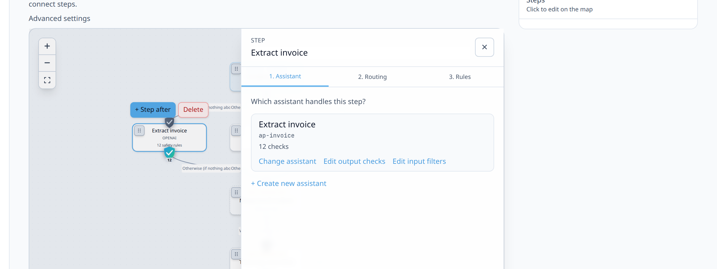 Branch step settings panel showing 'Input mode: pass_through' dropdown