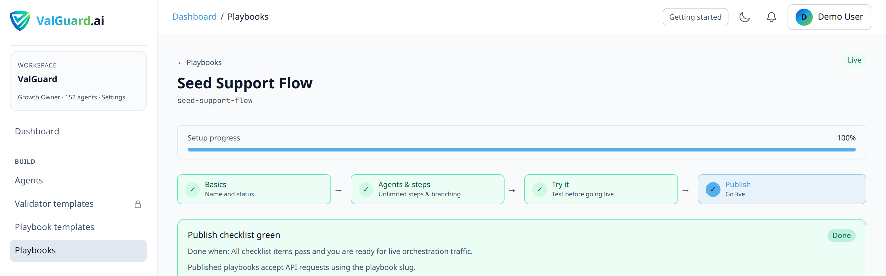 Publish panel with Go Live and setup checklist