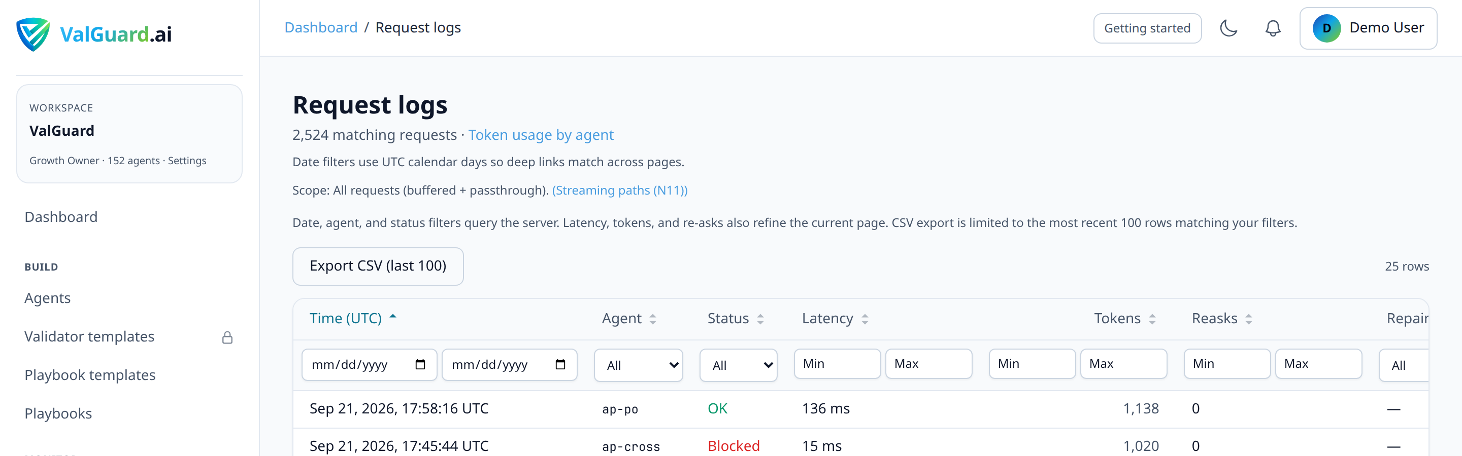Request logs table filtered to status=blocked within a specific time window