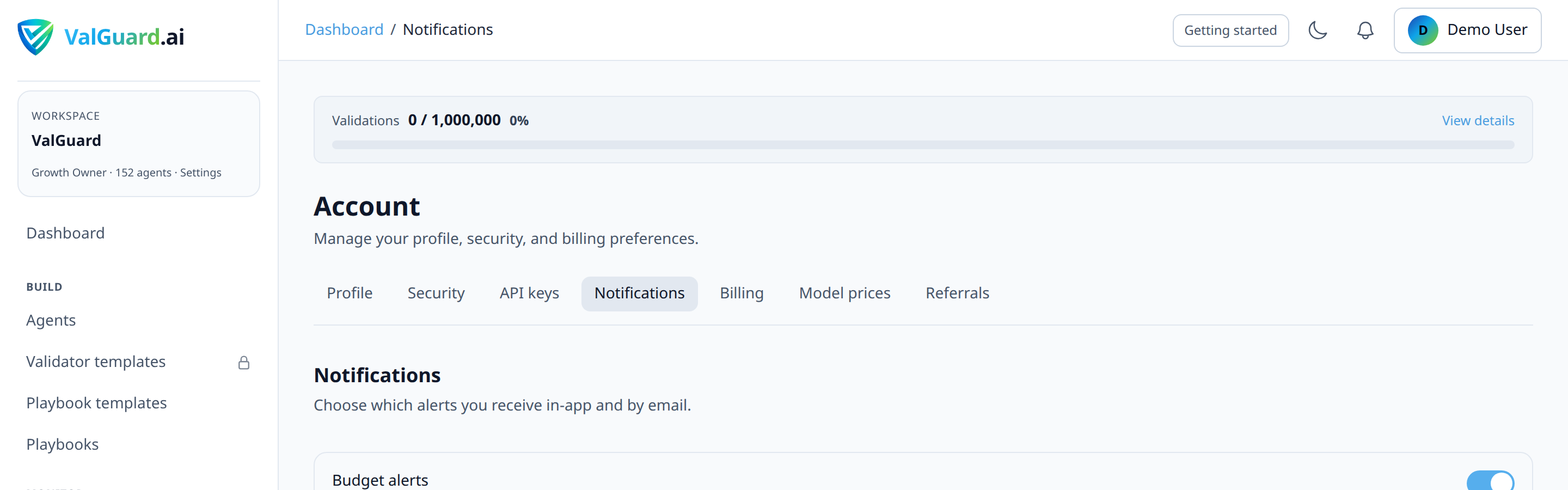 Notifications page with health alert toggles for block rate, warn rate, upstream error rate, and score drop