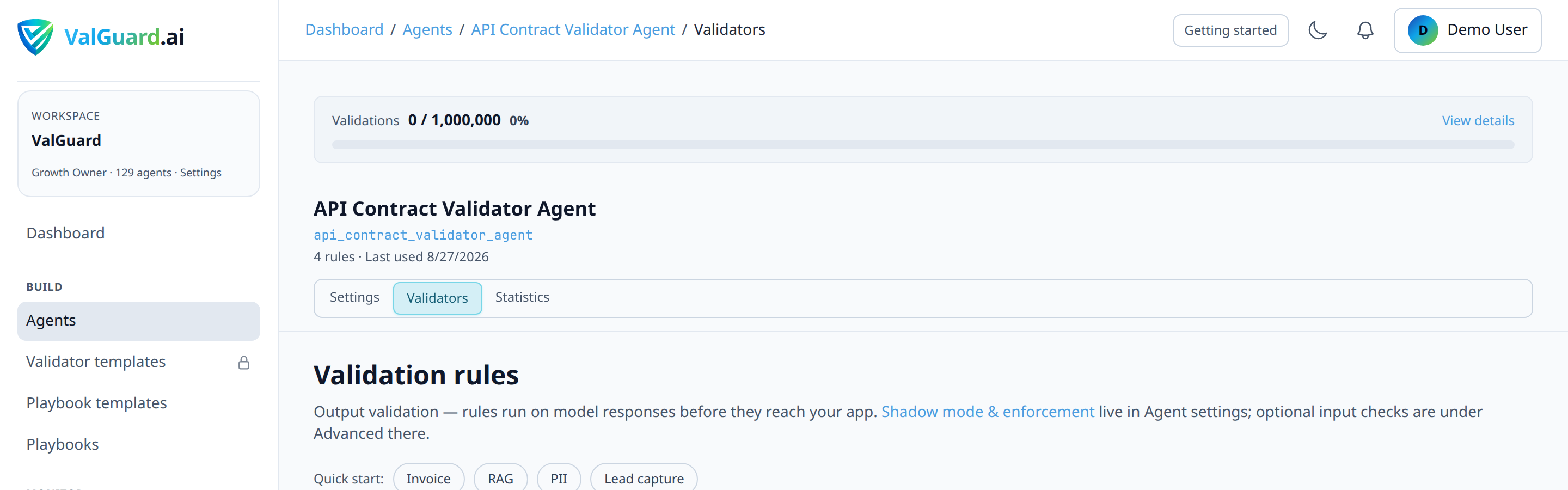Agent Validators tab with required_fields configured for answer and sources fields