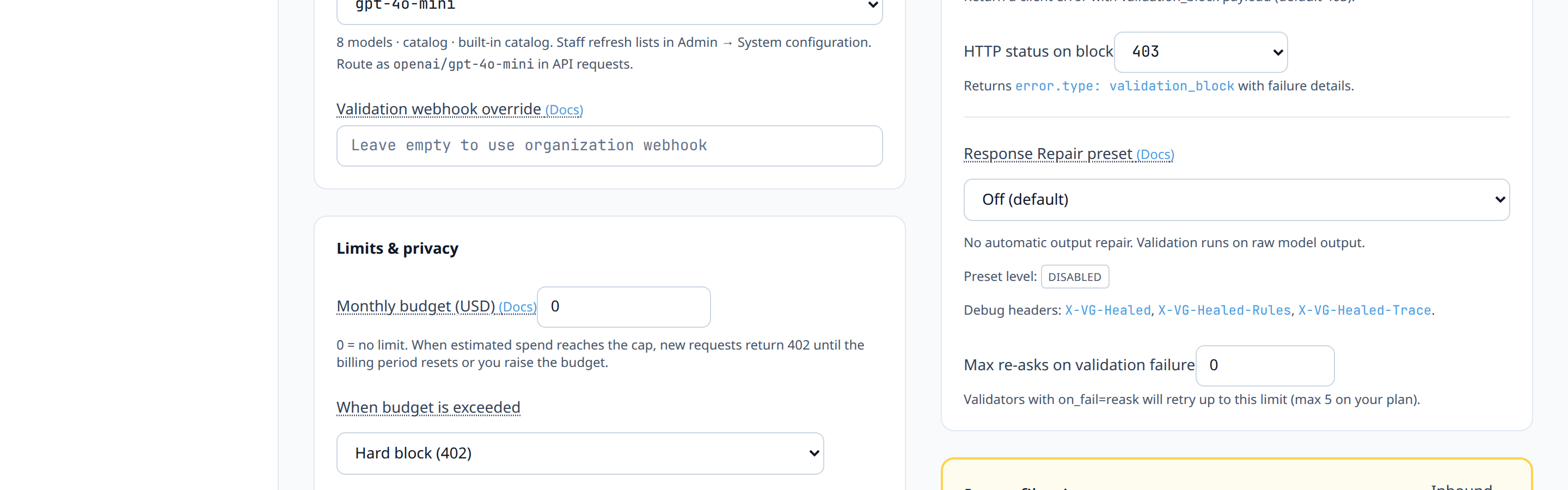 Agent Settings → Input validation section, showing 'Enabled' toggle and mode dropdown