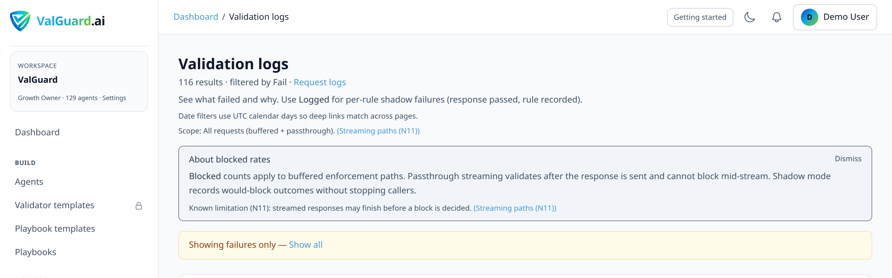 Validation logs filtered to phase=input, showing rows with validator_name 'prompt_injection' and status 'shadow'