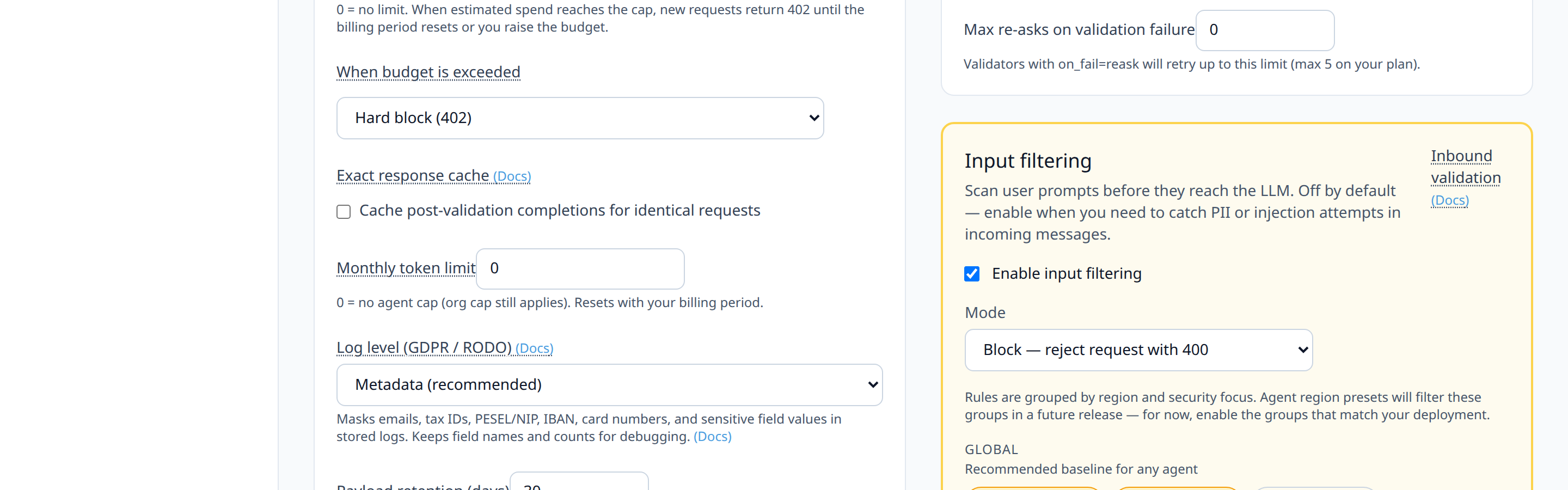 Input validation mode dropdown switched from 'Shadow' to 'Block', with description text 'Malicious prompts are rejected with HTTP 400 before any LLM call'