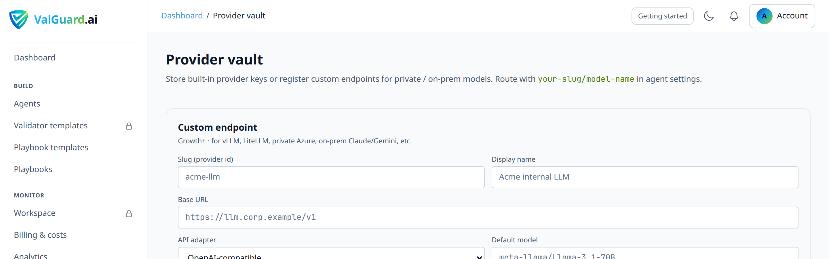 Dashboard navigation showing 'Provider vault' under the Configure section