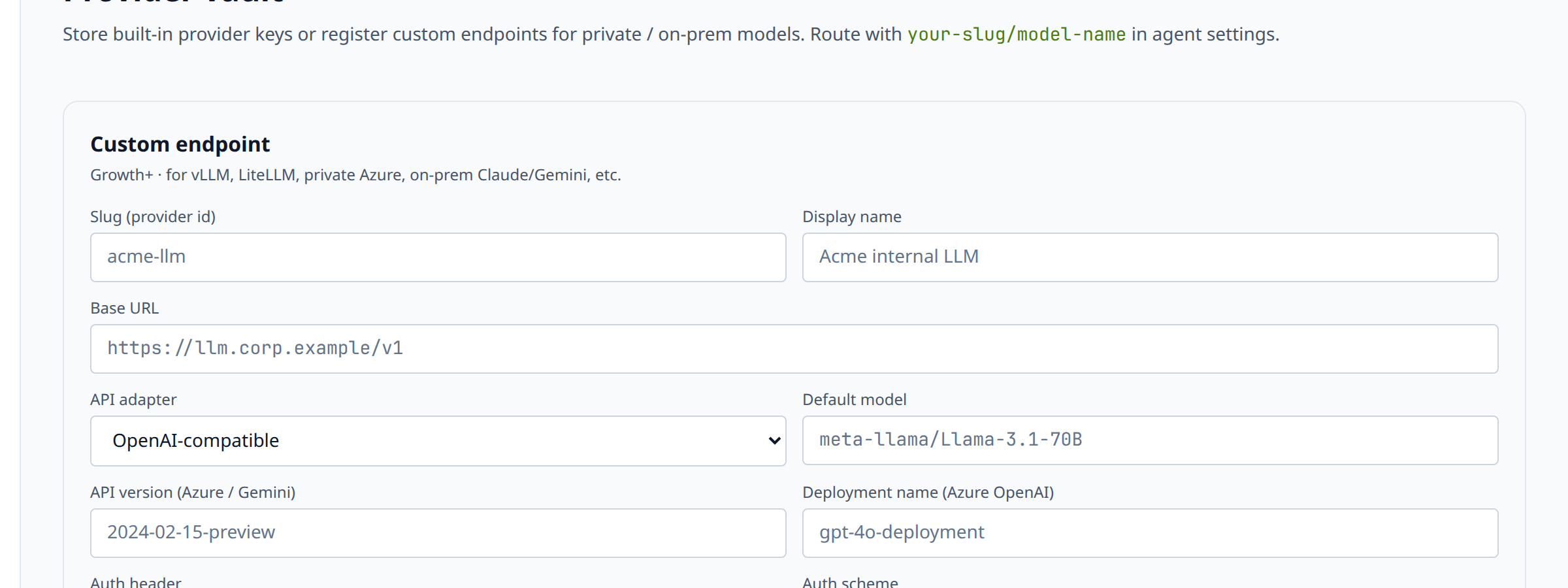 'Add custom endpoint' form with fields for endpoint slug, base URL, and authentication header name/value
