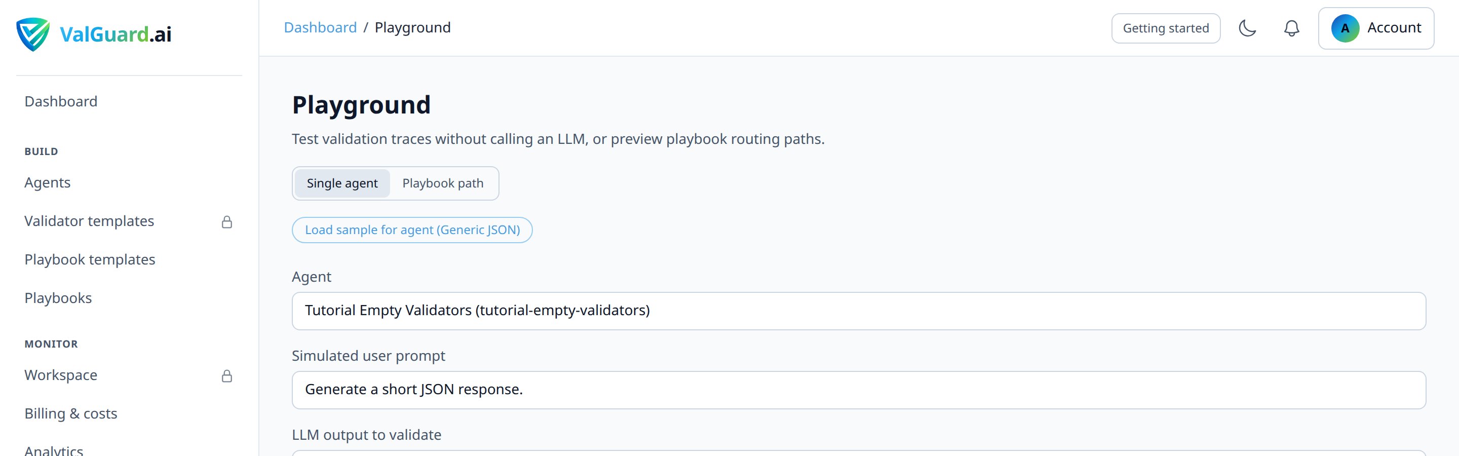 Playground 'Try it' panel showing a successful test call with no X-Provider-Key set, confirming vault resolution