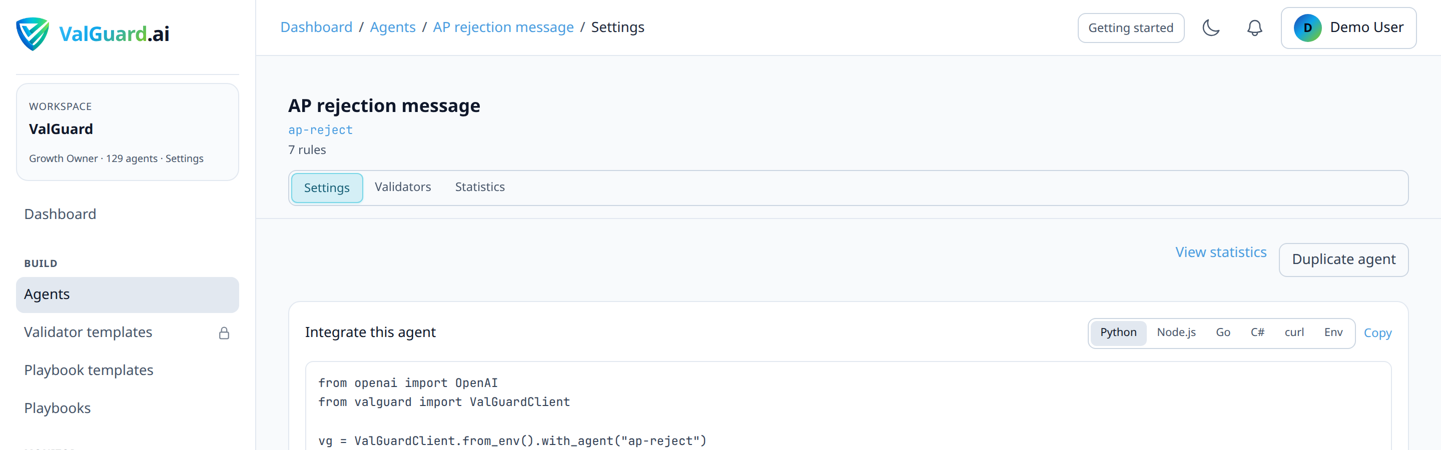 Agent settings for 'rag-answer' showing default_model with a low temperature parameter in the prompt template