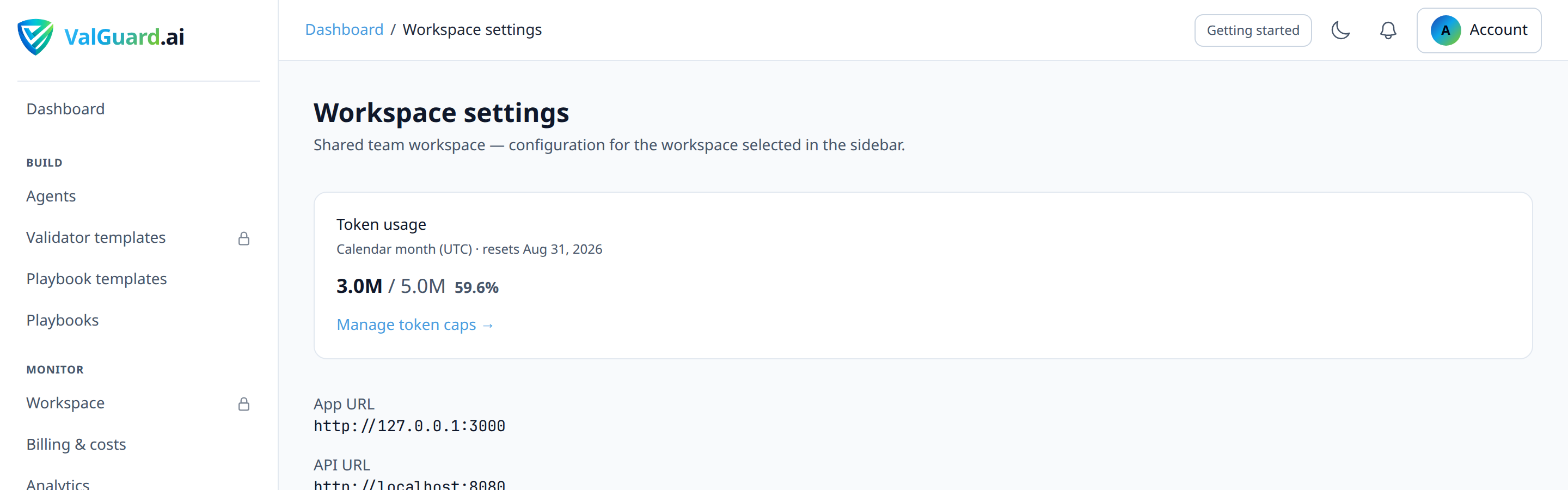 Dashboard → Settings → 'Workspace settings' page showing workspace profile, plan, your role, and member count