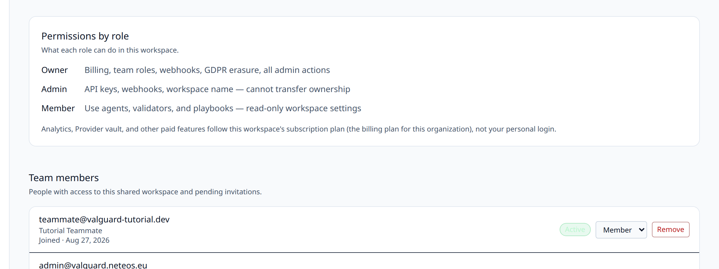 Team members panel listing three rows: one owner, one admin, one member, with role badges
