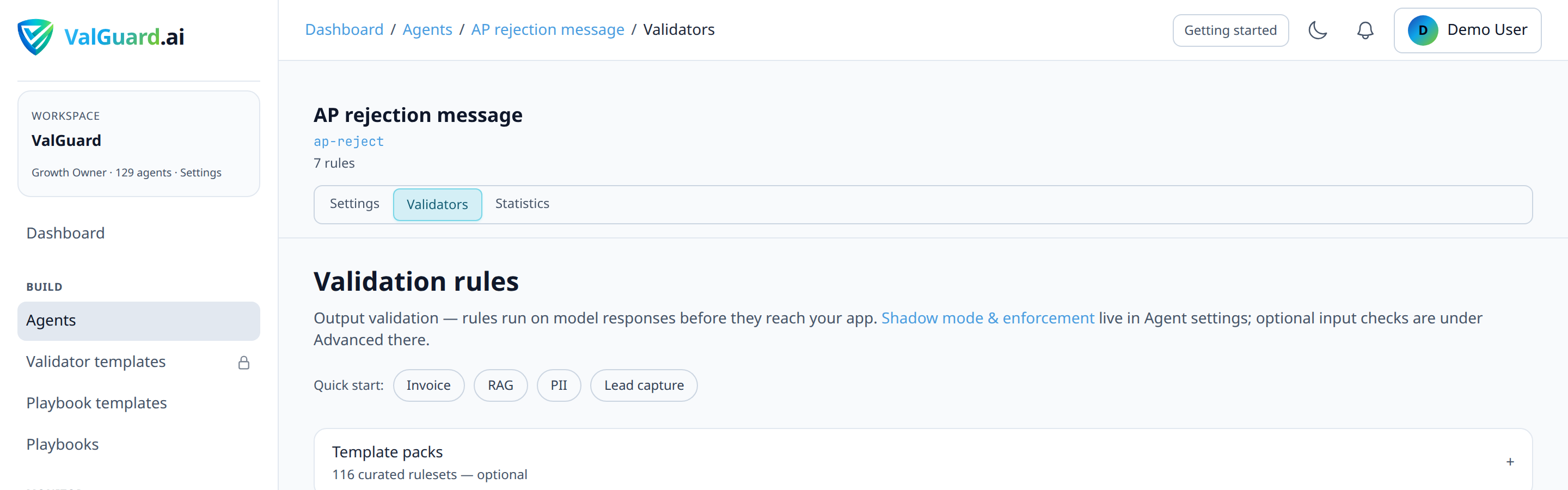 Validator row settings showing 'On failure' dropdown changed from 'Block' to 'Reask'