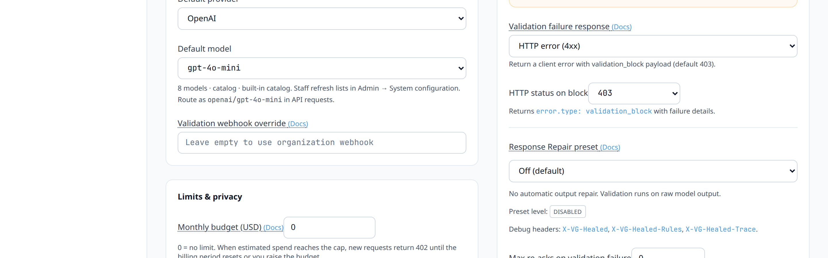 Agent Settings → 'Max reasks' numeric field set to 1, with helper text 'Additional LLM calls attempted before falling back to block'