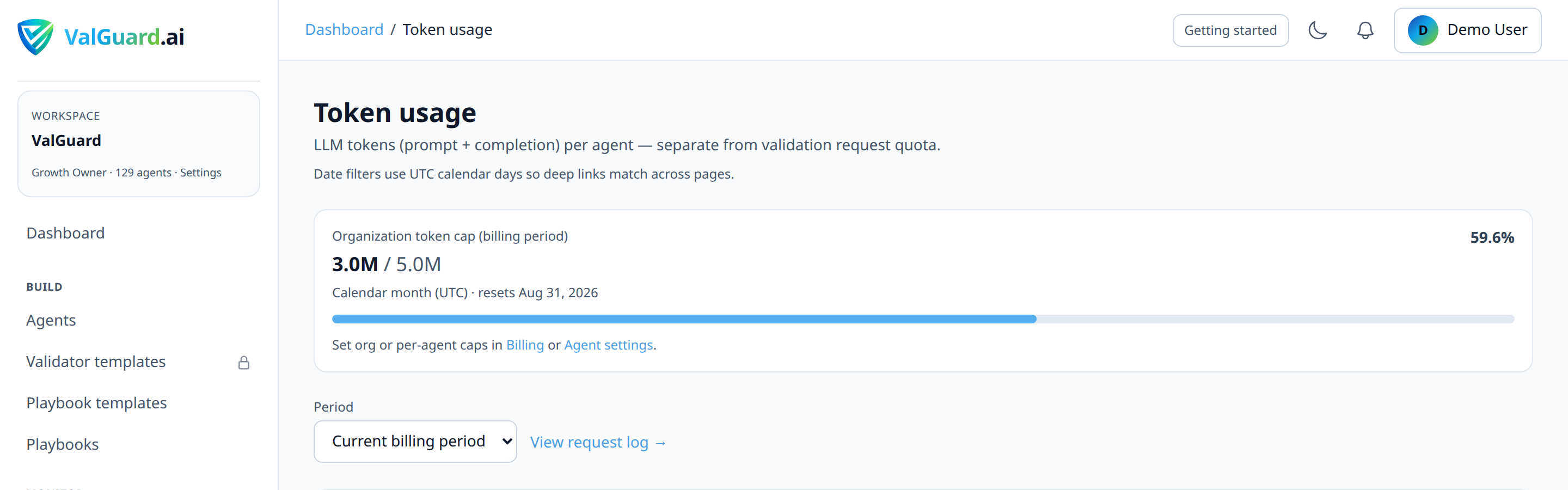 Token usage comparison chart showing average tokens per request before and after enabling reask on required_fields, with block rate trend overlaid