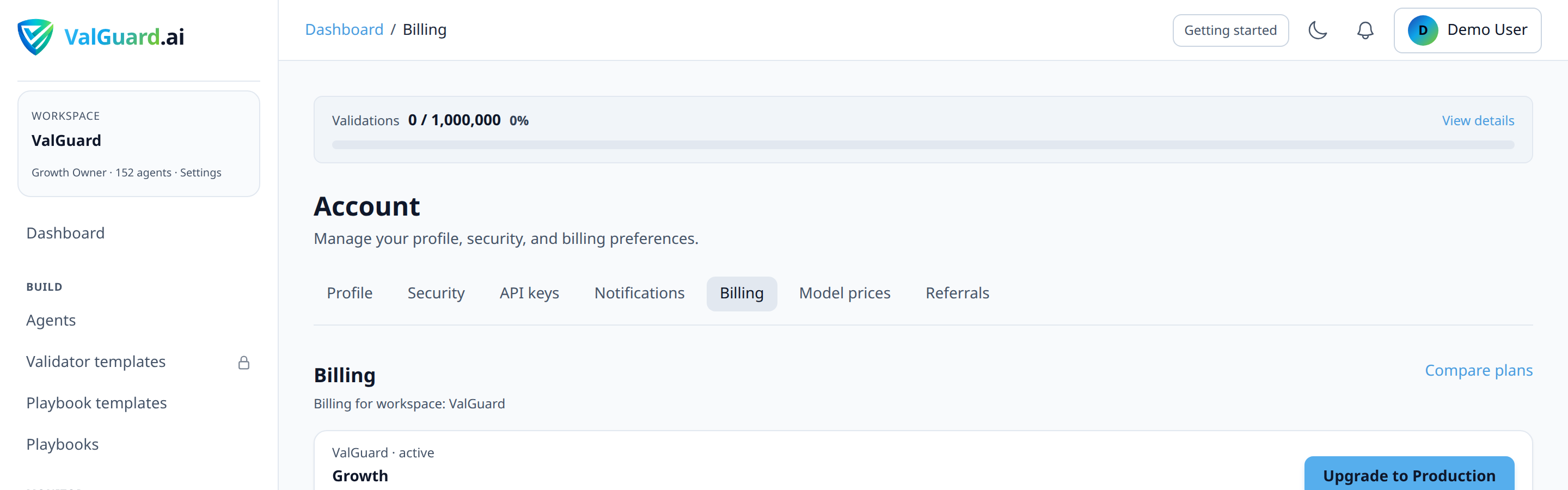 Billing page showing 'Plan: Growth' and token usage '12.4M / 50M'