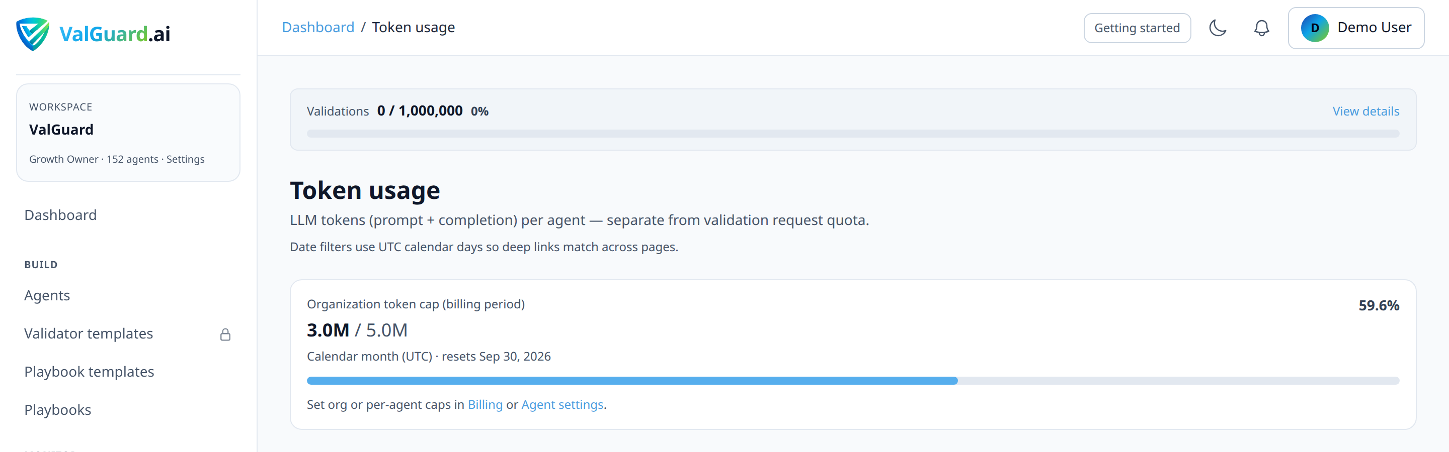 Token usage dashboard showing a bar chart of tokens consumed per agent over the last 30 days