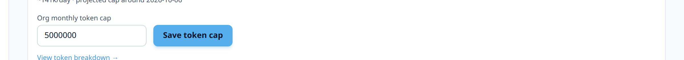 Billing page with 'Org monthly token cap' field, currently blank with helper text 'No limit'