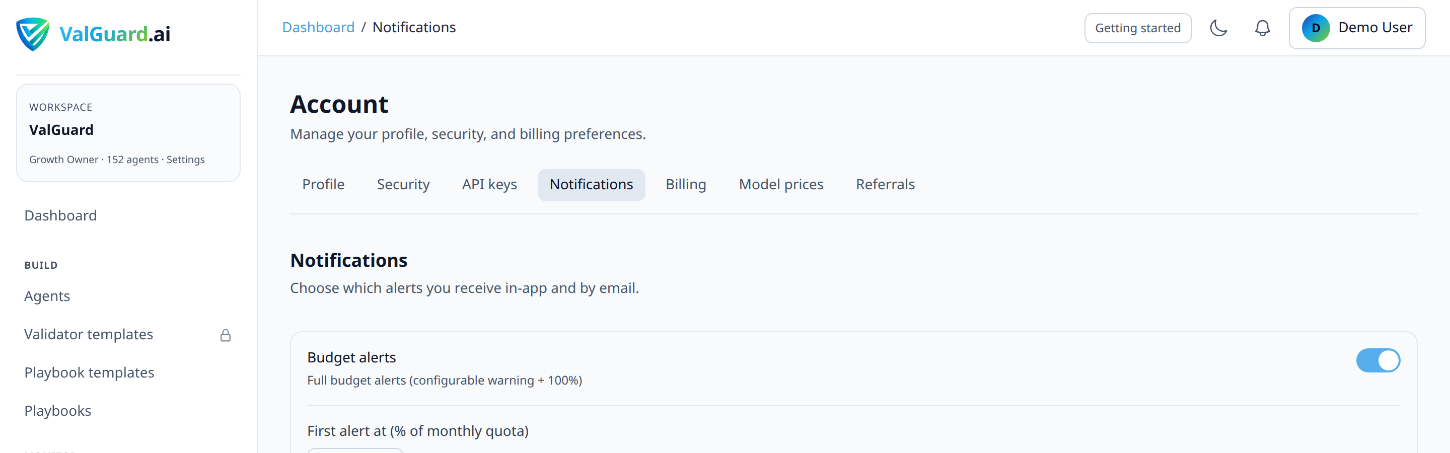 Notifications page with 'Budget alerts' toggle enabled and threshold settings visible