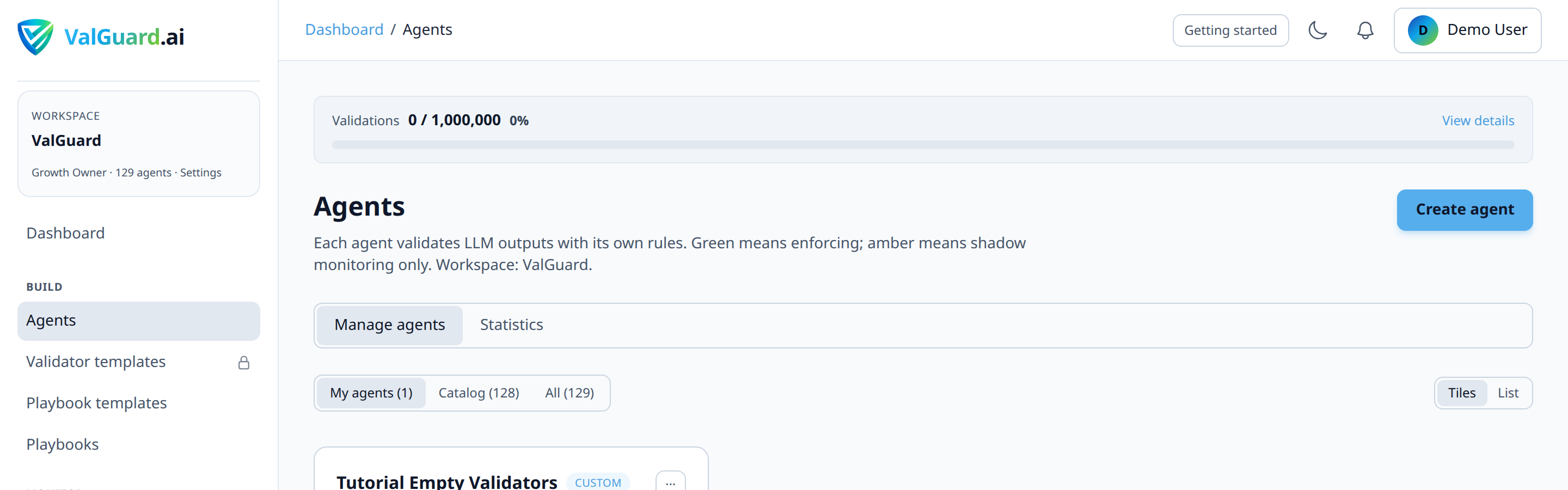 Dashboard → Agents → agent list with 'Create agent' button highlighted