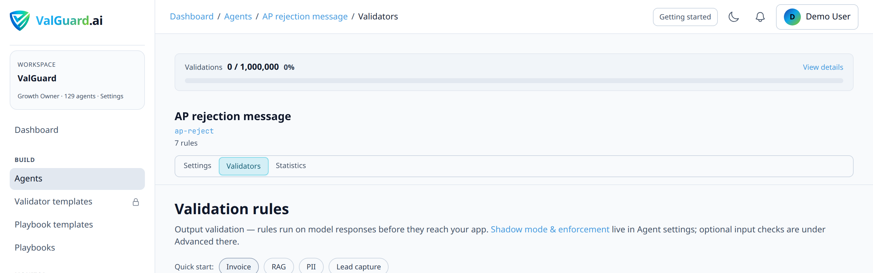 Agent → Validators tab, showing added rules with severity and on_fail dropdowns