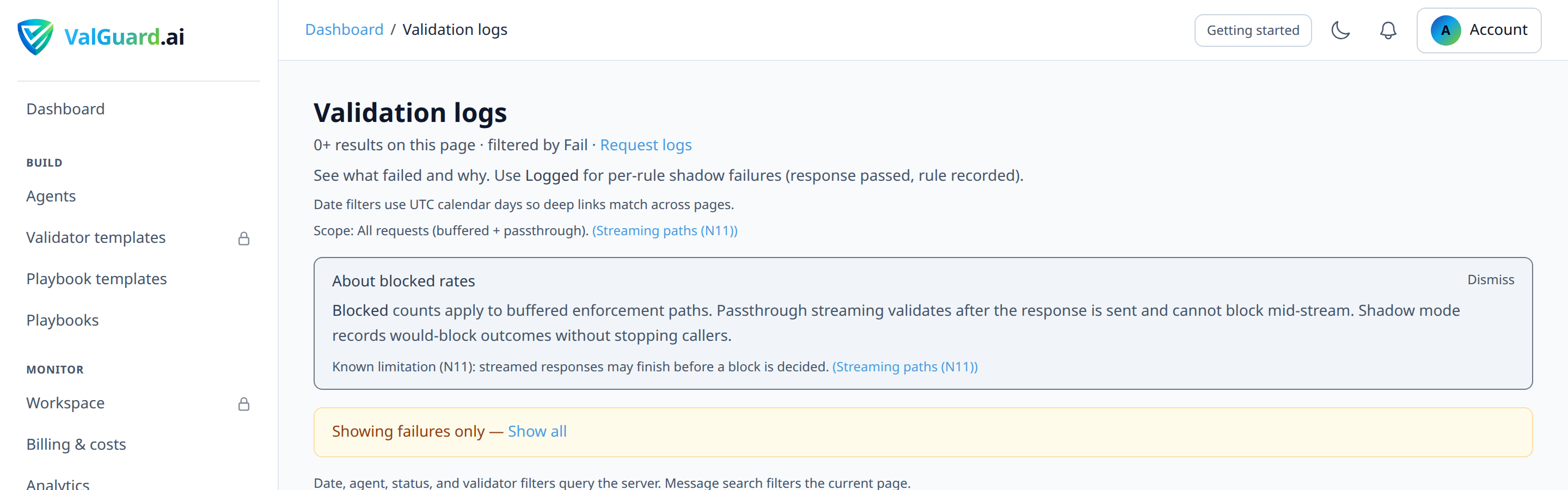Validation logs, filtered to status=shadow, showing validator name, phase, and failure reason columns