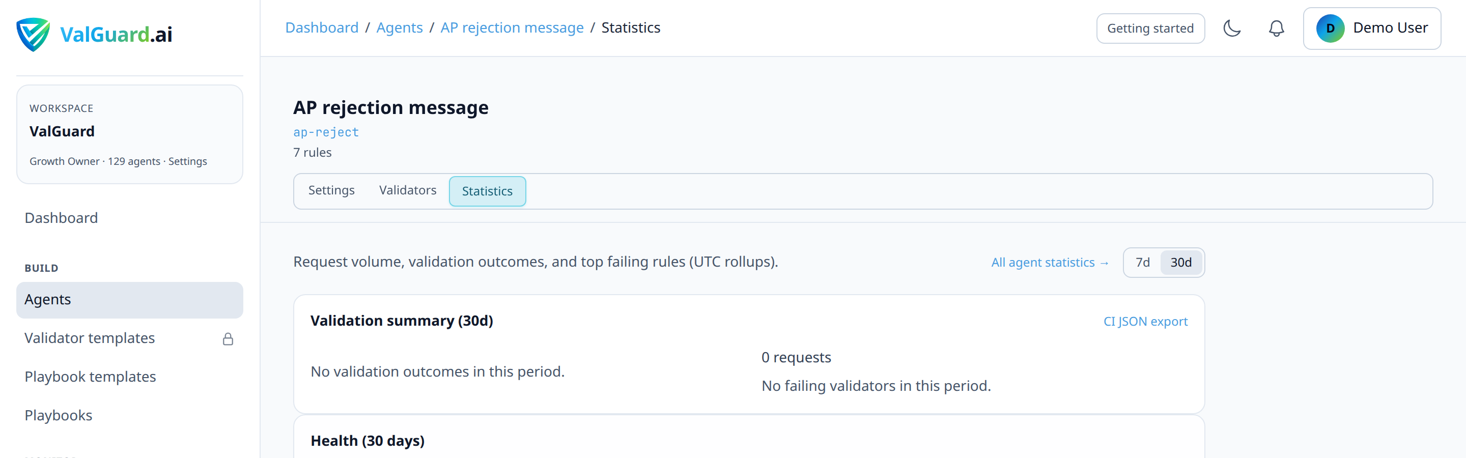 Agent overview card showing 'Shadow would-block rate: 3.2%' trend chart over the last 7 days