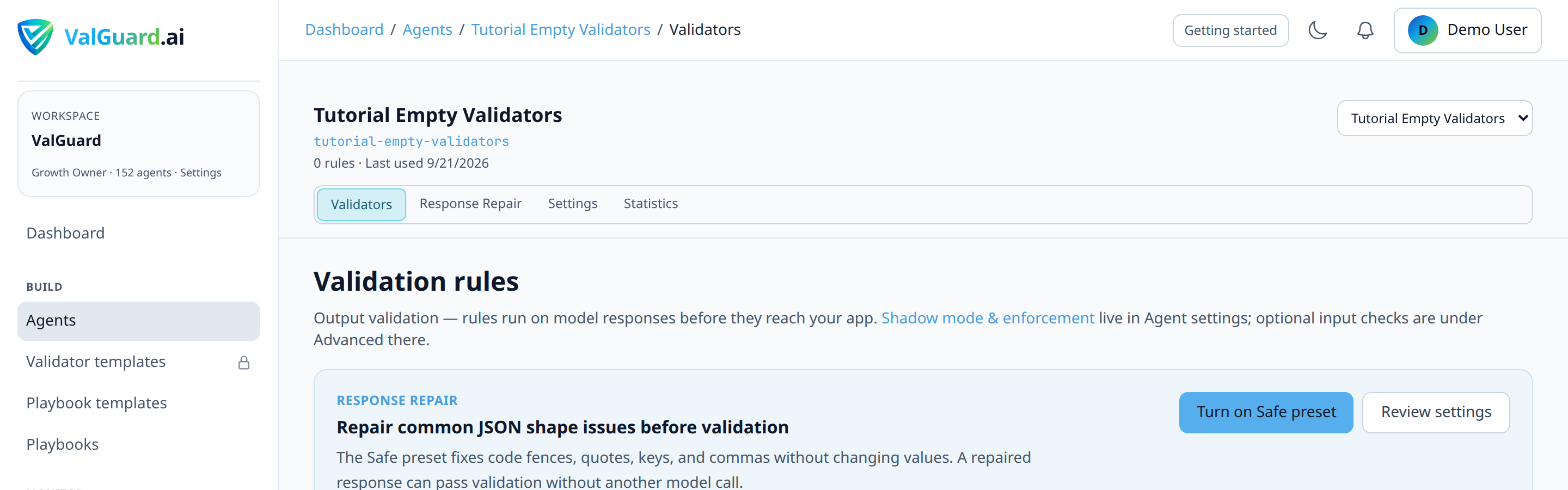 Agent detail page with 'Validators' tab active, showing an empty rule list and an 'Add rule' button