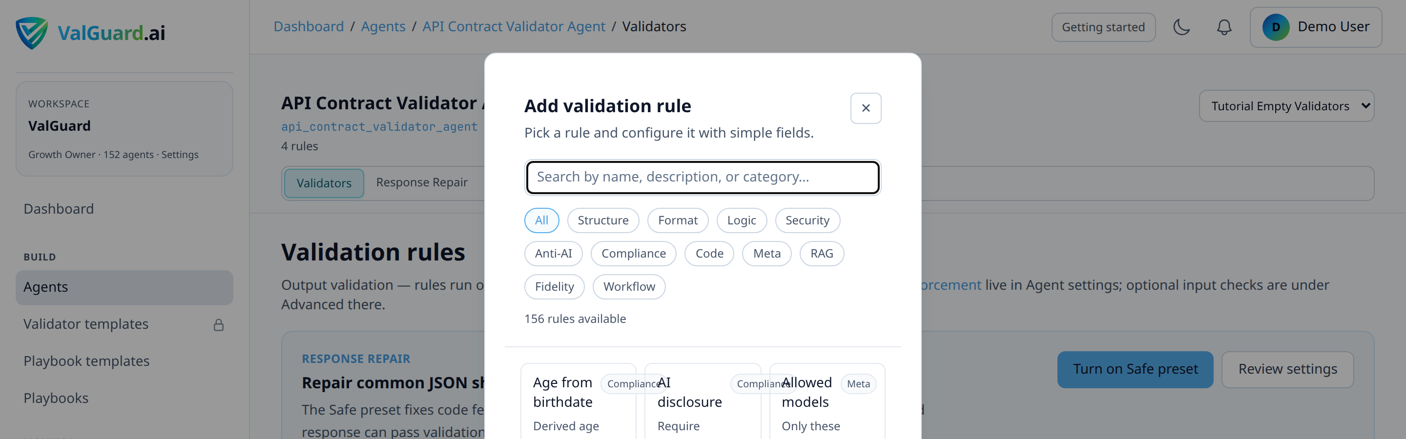 'Add rule' search dropdown showing validator names filtered by search term 'required'