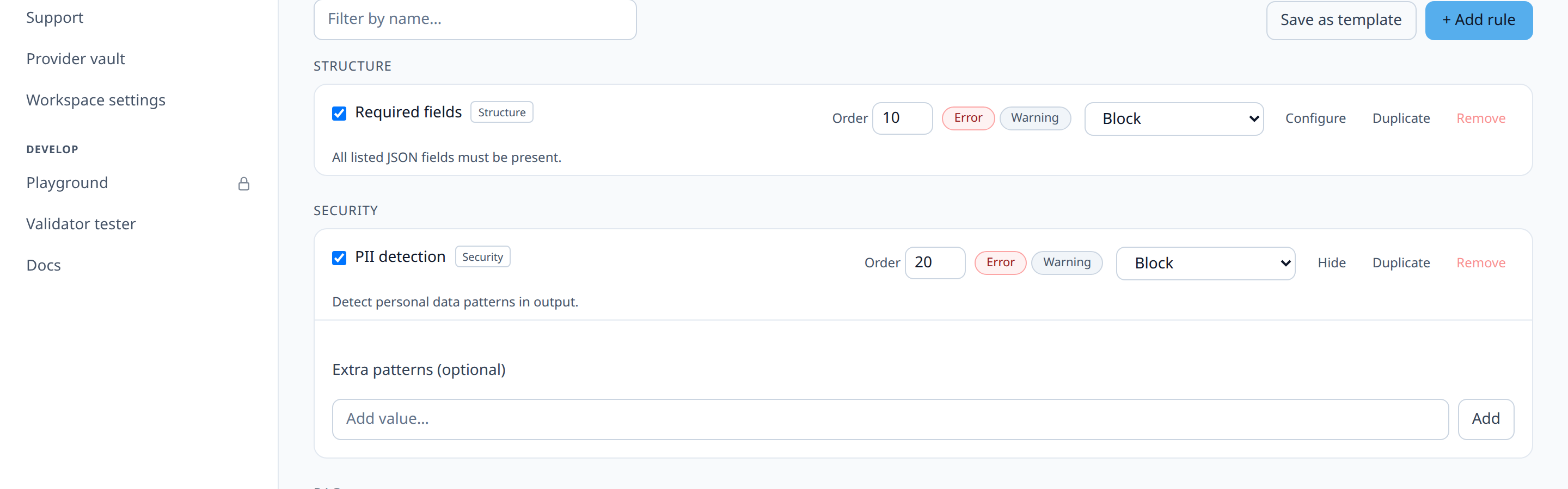 Validators tab showing two rules listed: 'required_fields' (priority 10) and 'pii_detection' (priority 20)