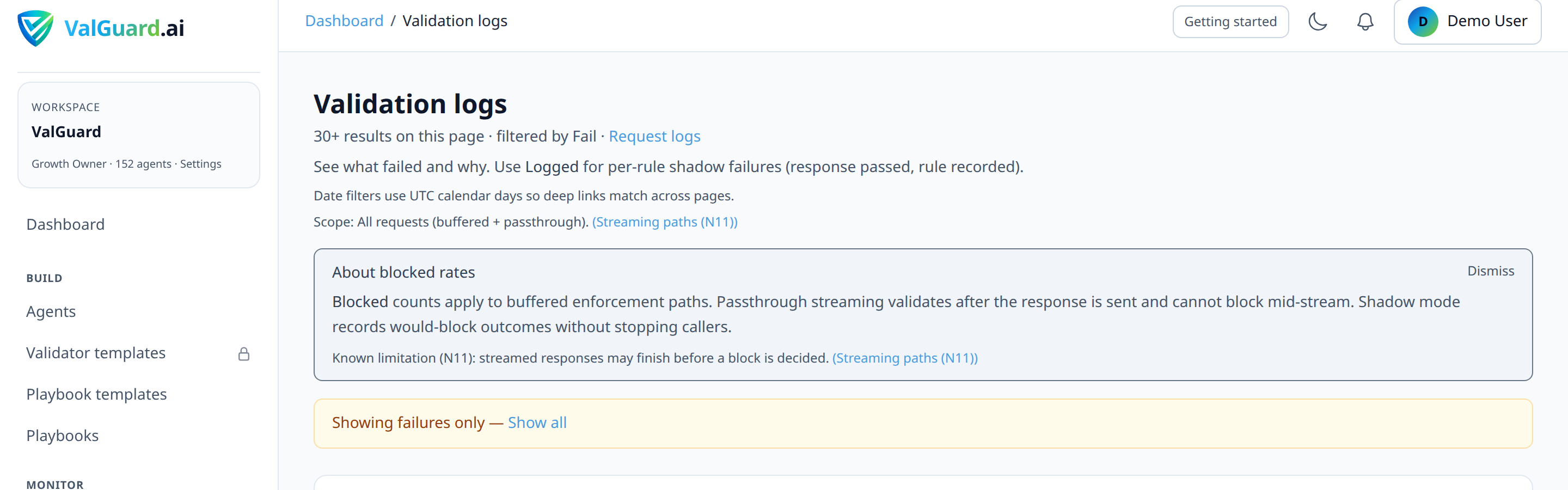 Validation logs entry expanded to show the full failure detail for a required_fields block