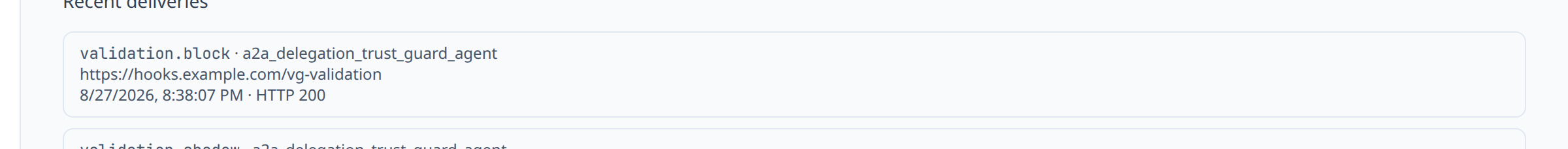 Settings page 'Recent deliveries' list showing a row with event type, status code, and success indicator
